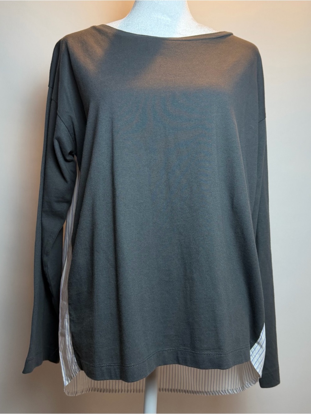 J. Crew Women’s Mixed Media Top with Layered Hem & Pinstripe Back Panel